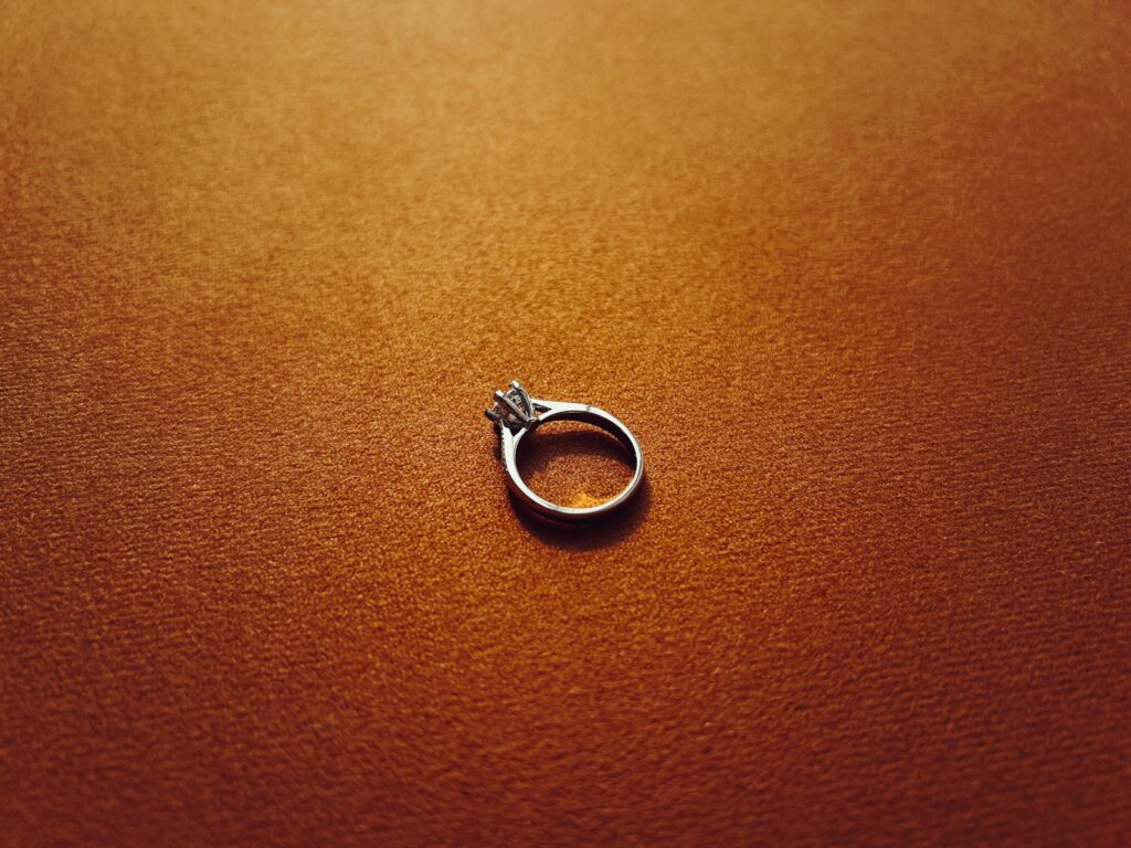 a silver ring sitting on top of a brown surface