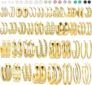 46 Pairs Gold Hoop Earrings Set for Women, Fashion Hypoallergenic Chunky Twisted Pearl Stud Earri...