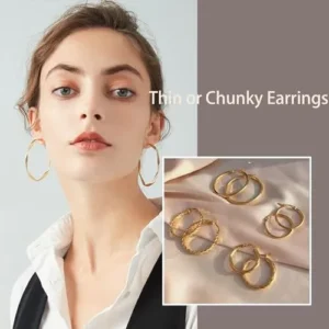 Close-up of twisted gold hoop earrings