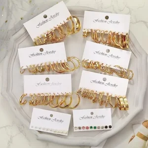 46 Pairs Gold Hoop Earrings Set for Women, Fashion Hypoallergenic Chunky Twisted Pearl Stud Earri...