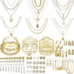 NEWITIN 69 Pieces Gold Jewelry Set for Women Fashion Costume Jewelry Gold Plated Necklace Bracele...