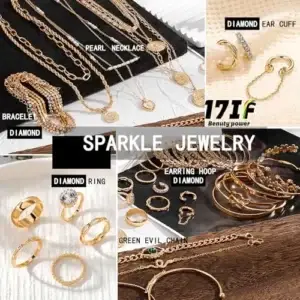 Close-up of various pieces in the jewelry set