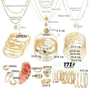 17IF 38-59 Pcs(9-8 Pack) Gold Plated Jewelry Set for Women With 8 Necklace 12 Bracelet 27 Ring 12...
