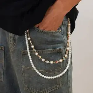 Fashion Layered Pants Wallet Chains - Exquisite Gold Silver Rhinestone Flower Pearl Jean Pocket C...